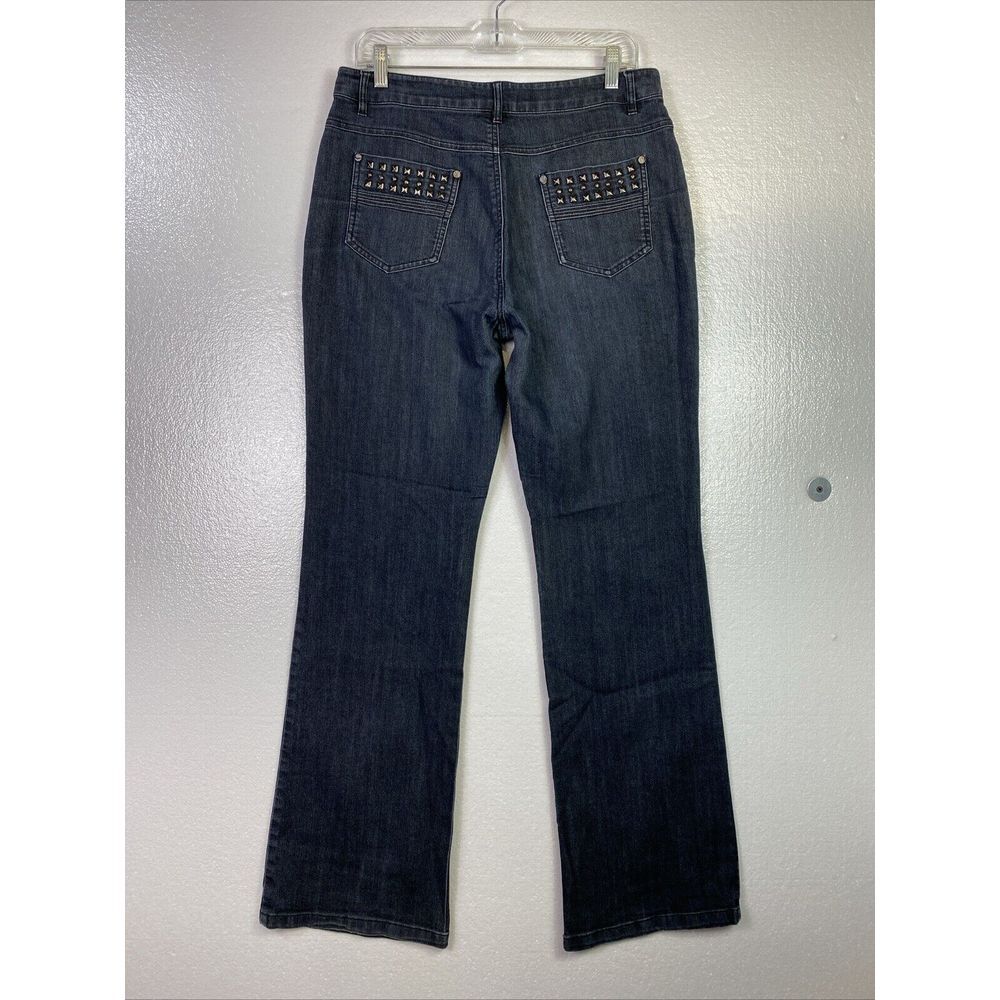 SIMON CHANG Women Stretch Jeans 10 Black Boot Cut High rise Distressed Studs Zip